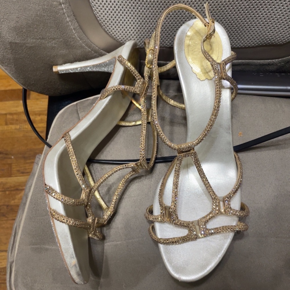 Rene Caovilla Swarovski crystal gold heels size 9